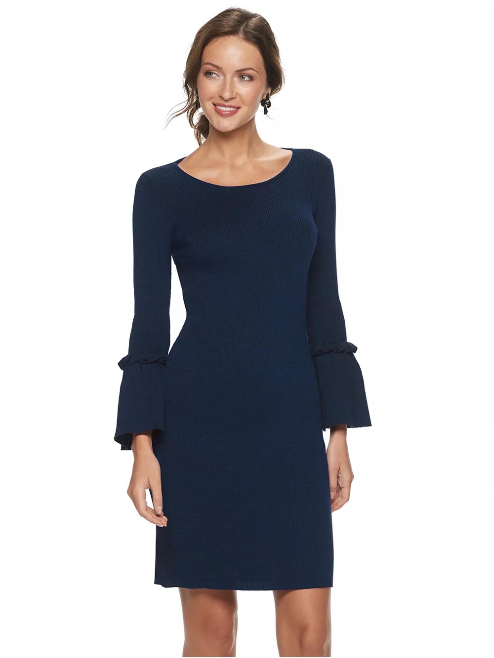 Nina Leonard Bell Sleeve Ribbed Sweater Dress Navy Blue Large